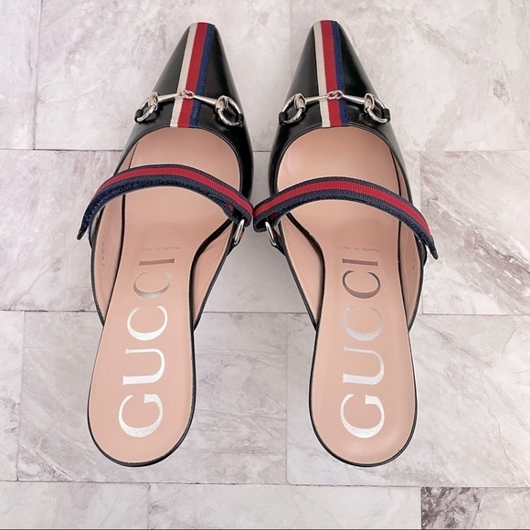 🆕 Authentic GUCCI Black Leather Striped Mules (SZ 37.5, US 7.5) - Picture 7 of 13